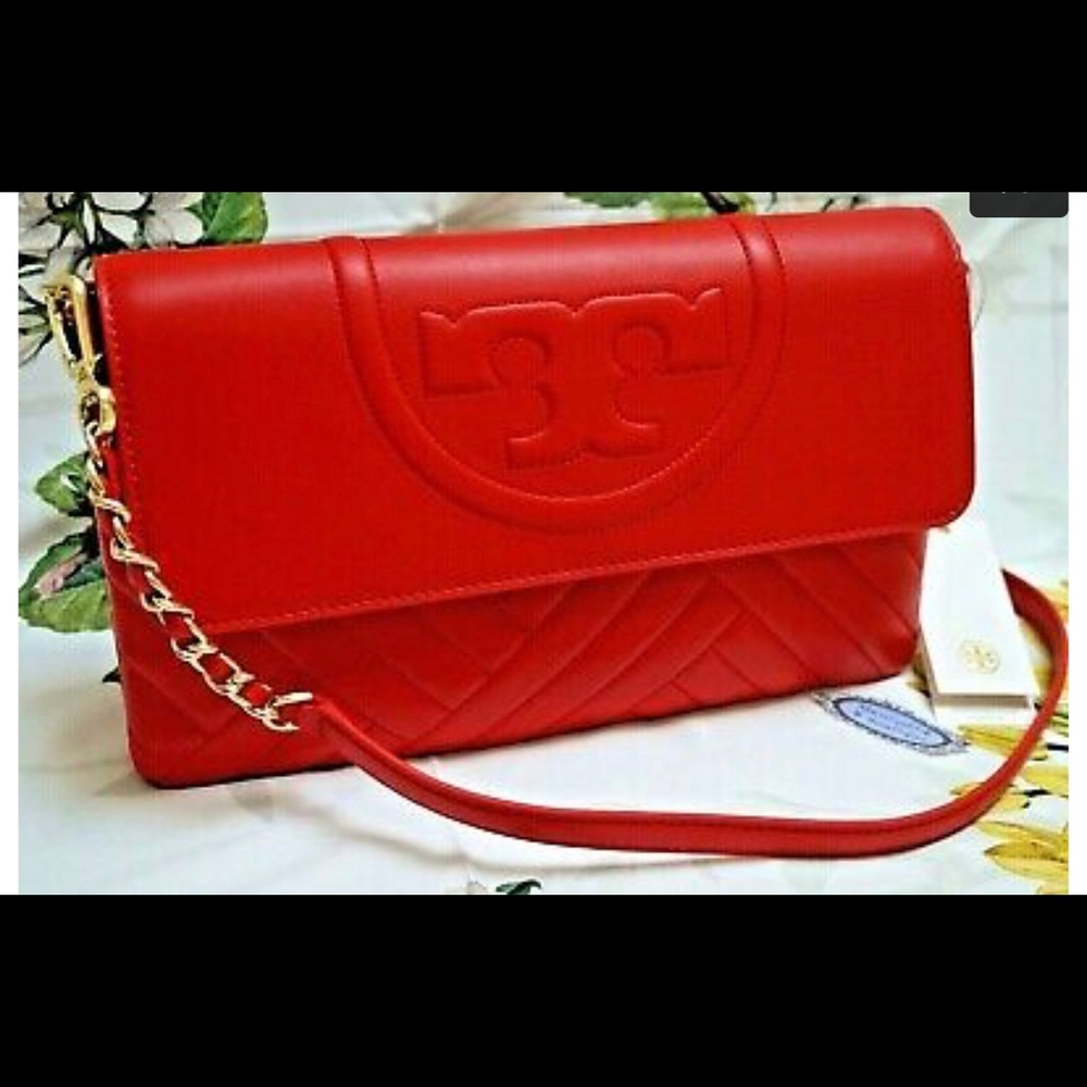 TORY BURCH ALEXA Clutch Bag POPPY ORANGE Leather - Picture 7 of 7
